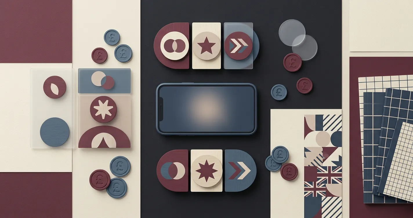 Abstract illustration of online casino play in the UK with slot reels, a phone and pound symbols