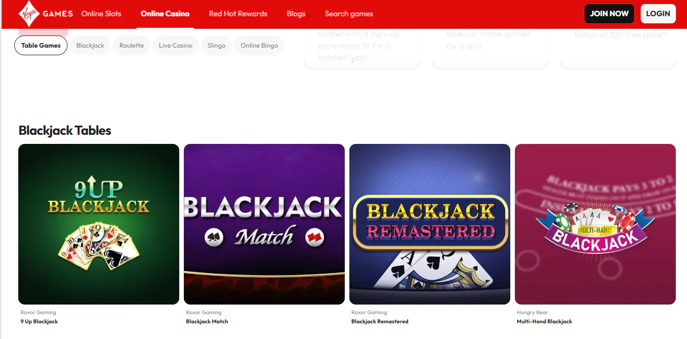 Current Virgin Games UK casino landing page