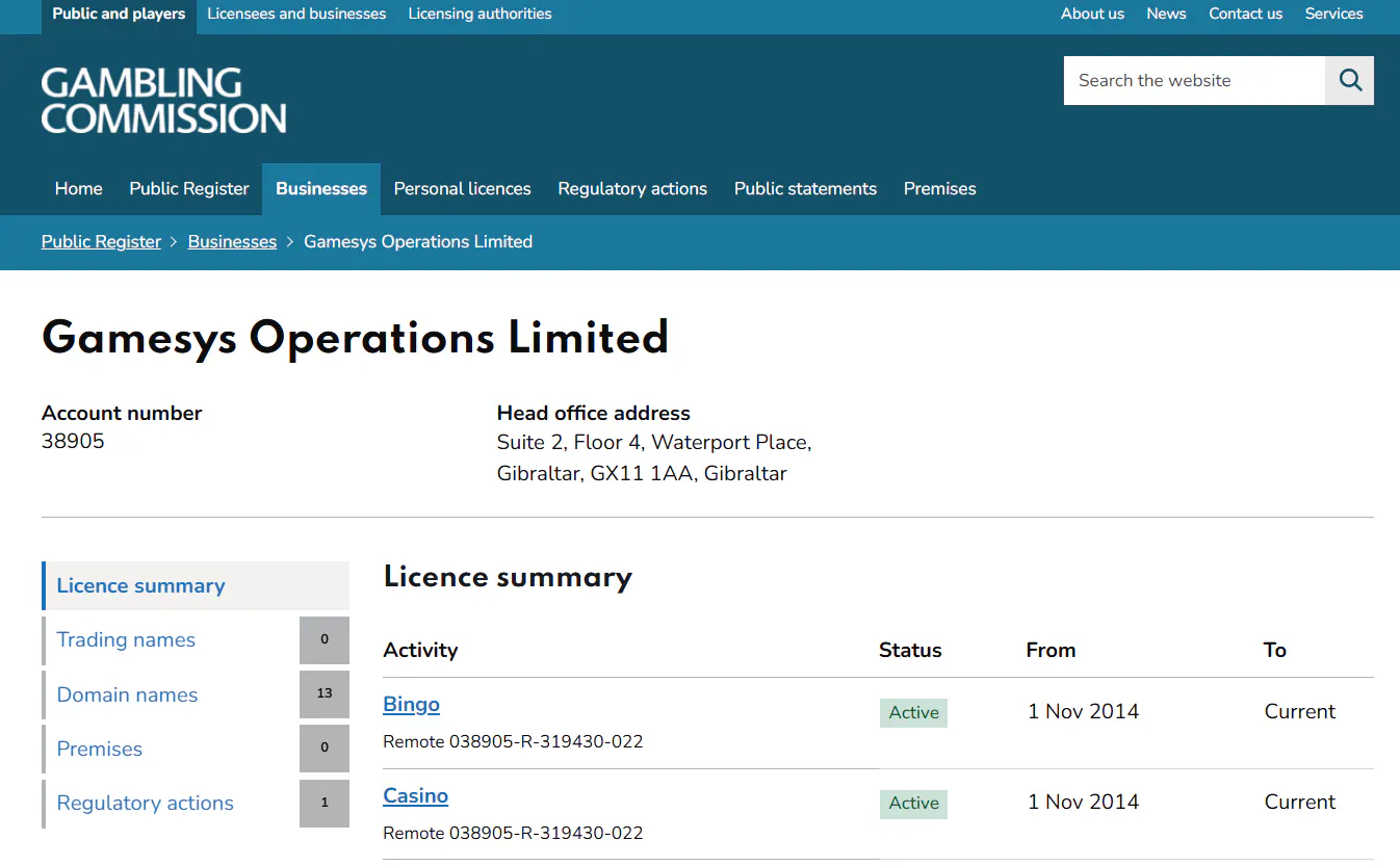 UK Gambling Commission register entry for Gamesys Operations Limited account 38905