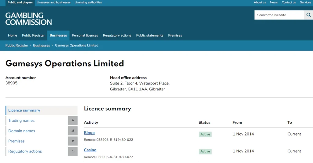 UK Gambling Commission register entry for Gamesys Operations Limited account 38905