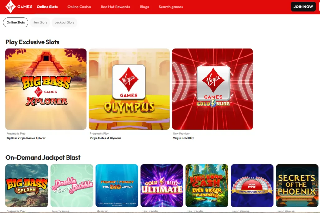 Virgin Games UK slots catalogue showing current slot categories