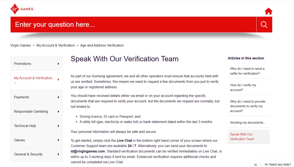 Virgin Games verification help page with document guidance