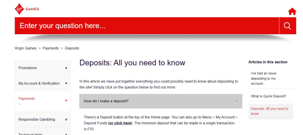 Virgin Games deposit help page showing current payment methods