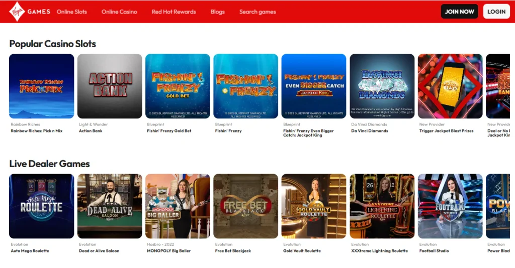 Virgin Games all-games catalogue with slots and live casino sections
