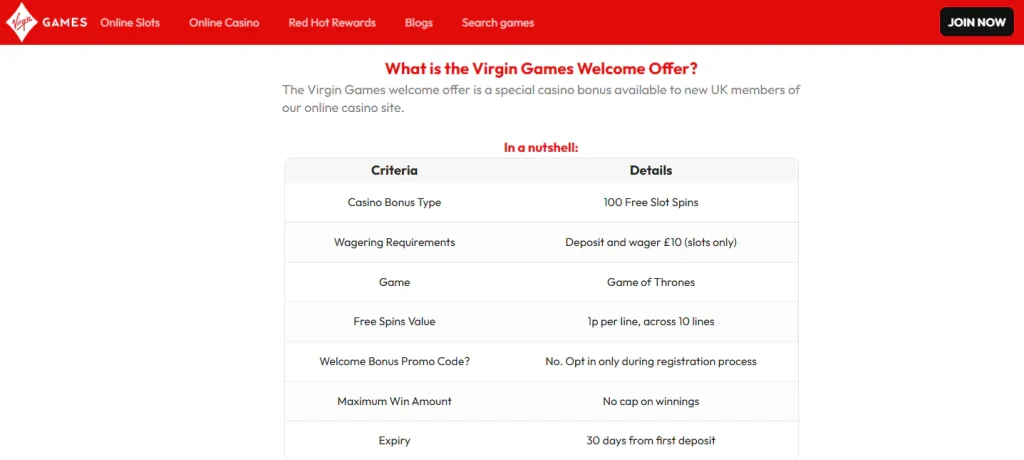 Virgin Games welcome offer panel showing the current free spins promotion