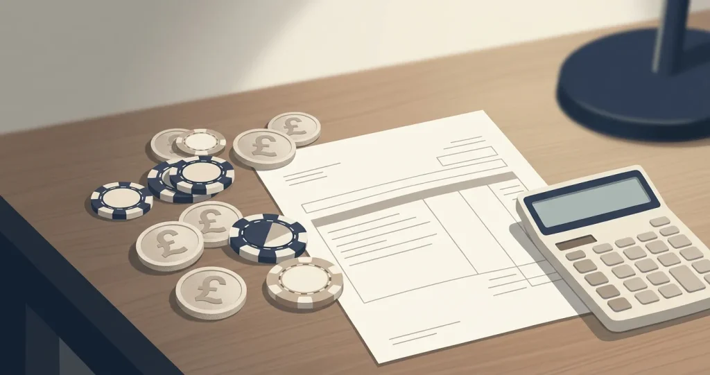 Illustration of UK pound casino winnings beside a neutral tax document