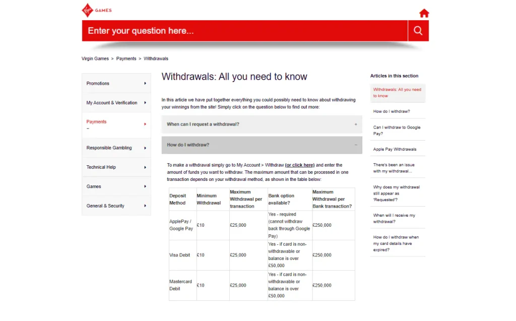 Virgin Games official withdrawal help page with current timing information