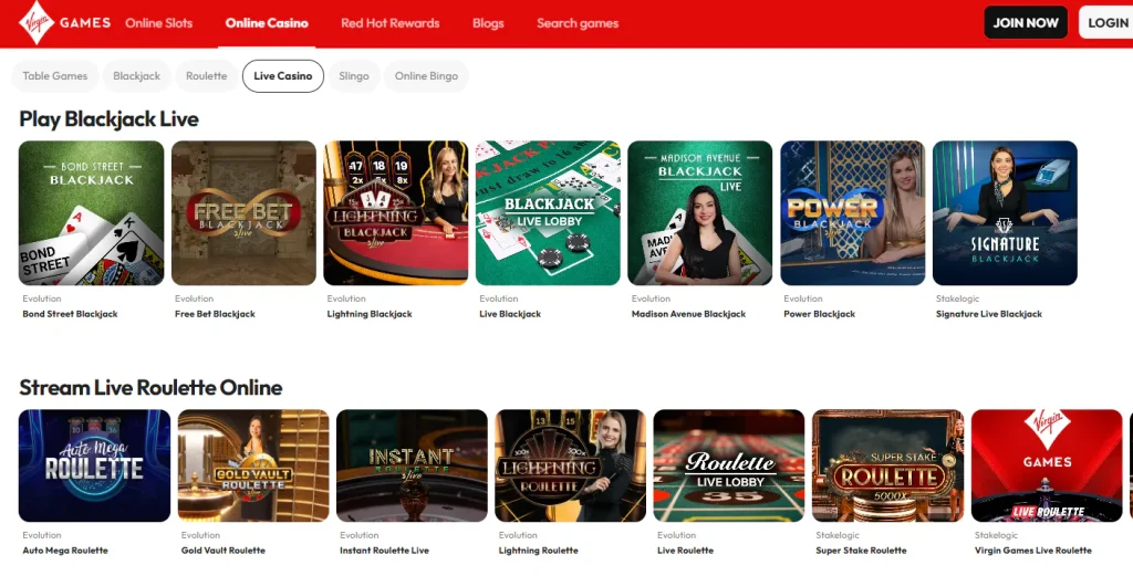 Virgin Games UK live casino catalogue showing live table games